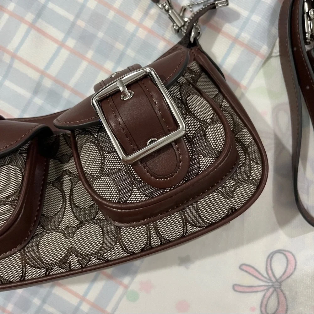 Coach Brown Signature Jacquard Crossbody Bag with Buckle Pockets
